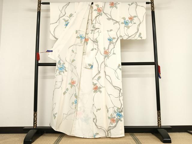 平和屋着物▽上質な小紋 単衣 草花文 暈し染め 正絹 逸品 AAAY1760np