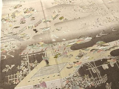 平和屋着物▽染織の名門　しょうざん  生紬　訪問着　単衣　手描き　人物風景文　鈴乃屋扱い　正絹　逸品　未使用　AAAY1763np