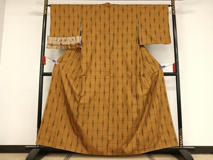 平和屋着物●彩黄八丈　紬　市松彩織り　格子　反端付き　正絹　逸品　AAAY1786np