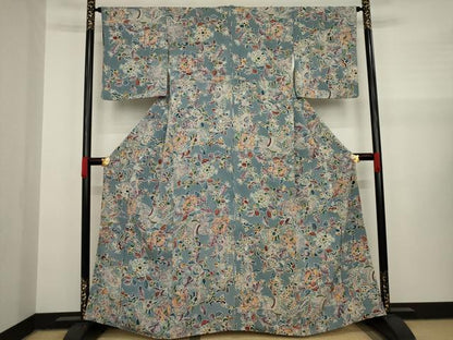 平和屋着物●上質な小紋　手描き　更紗鳳凰花文　鬼しぼ縮緬　正絹　逸品　AAAY1888ck