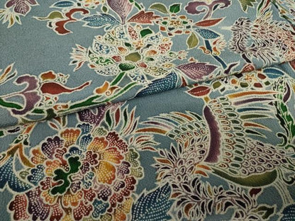 平和屋着物●上質な小紋　手描き　更紗鳳凰花文　鬼しぼ縮緬　正絹　逸品　AAAY1888ck