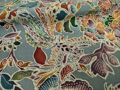 平和屋着物●上質な小紋　手描き　更紗鳳凰花文　鬼しぼ縮緬　正絹　逸品　AAAY1888ck