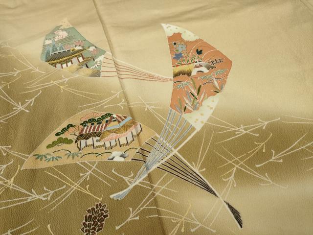 平和屋着物●千草染繍 色留袖 友禅 扇面風景文 暈し染め 金糸 金彩 正絹 逸品 AAAY1890ck
