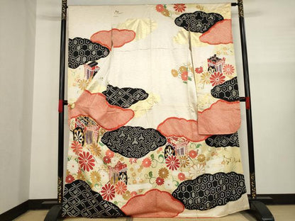 平和屋着物●豪華振袖　駒刺繍　絞り　御所車花文　金糸　金彩　正絹　逸品　AAAY1909ck