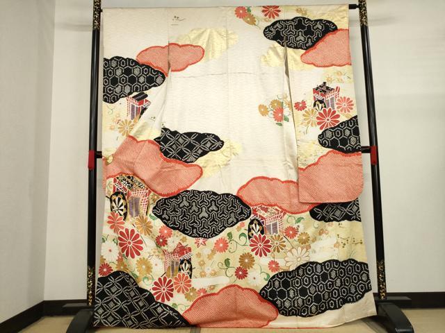 平和屋着物●豪華振袖　駒刺繍　絞り　御所車花文　金糸　金彩　正絹　逸品　AAAY1909ck