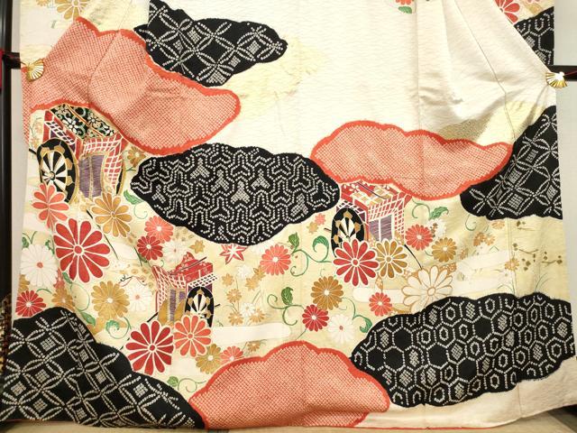 平和屋着物●豪華振袖　駒刺繍　絞り　御所車花文　金糸　金彩　正絹　逸品　AAAY1909ck
