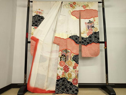 平和屋着物●豪華振袖　駒刺繍　絞り　御所車花文　金糸　金彩　正絹　逸品　AAAY1909ck