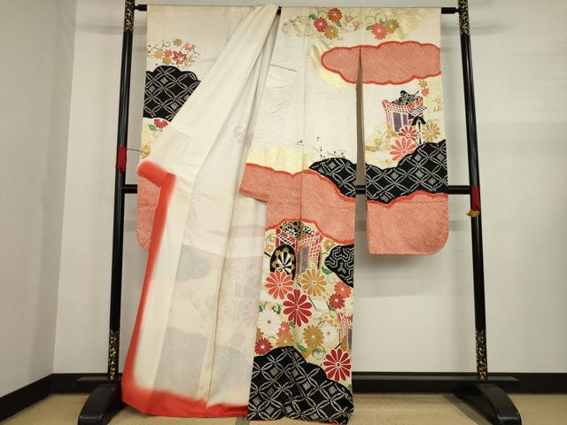 平和屋着物●豪華振袖　駒刺繍　絞り　御所車花文　金糸　金彩　正絹　逸品　AAAY1909ck