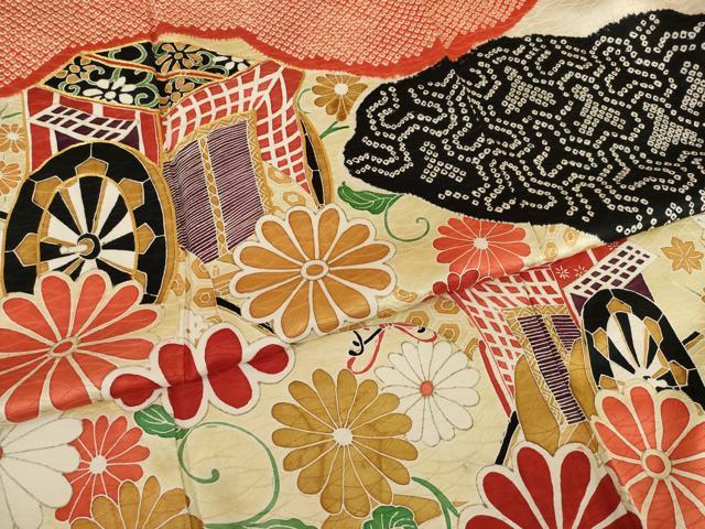 平和屋着物●豪華振袖　駒刺繍　絞り　御所車花文　金糸　金彩　正絹　逸品　AAAY1909ck