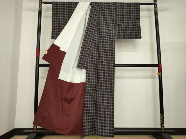 平和屋着物●上質な紬　格子　正絹　逸品　AAAY1928ck