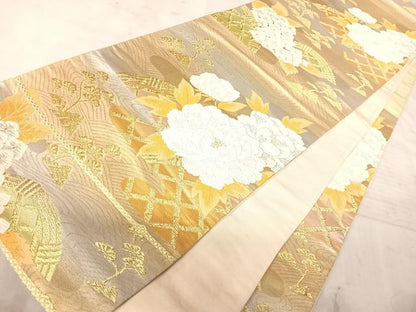 平和屋着物◎六通柄袋帯　唐織　流水花文　金糸　正絹　逸品　AAAY2034yx