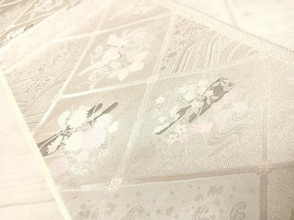 平和屋着物◎六通柄袋帯　花鳥菱文　銀糸　正絹　逸品　AAAY2157yx