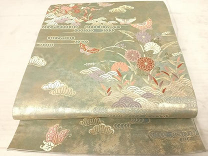 平和屋着物◎六通柄袋帯　唐織　草木染　花蝶文　引箔　正絹　逸品　AAAY2159yx