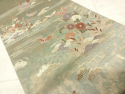 平和屋着物◎六通柄袋帯　唐織　草木染　花蝶文　引箔　正絹　逸品　AAAY2159yx
