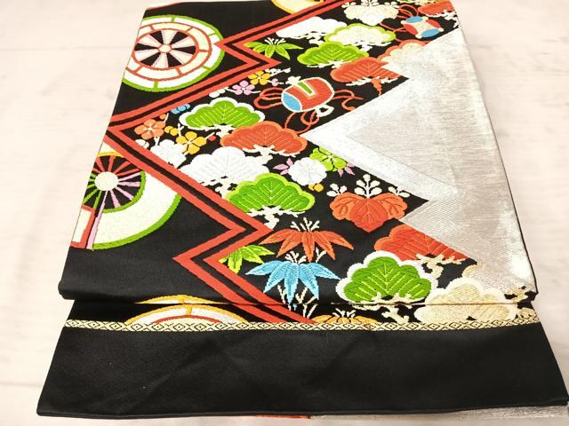 平和屋着物◎六通柄袋帯　唐織　松皮菱吉祥文　黒地　金銀糸　正絹　逸品　AAAY2160yx