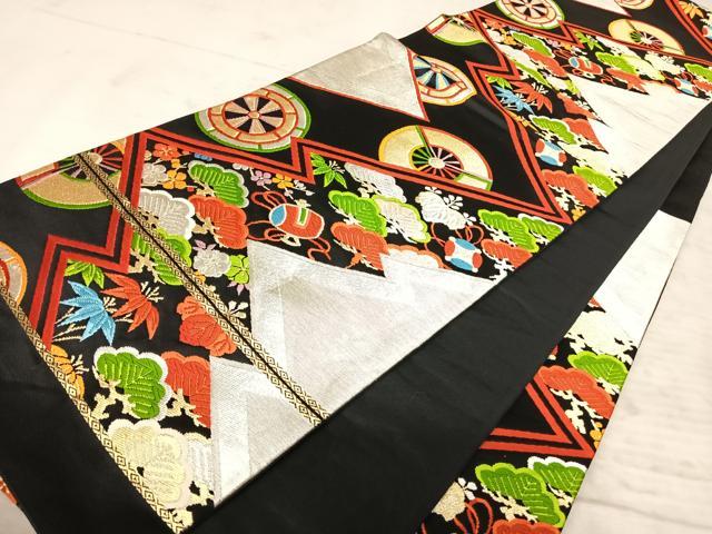 平和屋着物◎六通柄袋帯　唐織　松皮菱吉祥文　黒地　金銀糸　正絹　逸品　AAAY2160yx