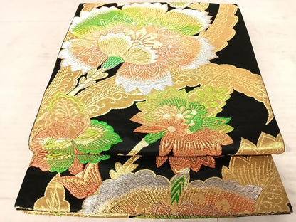 平和屋着物◎六通柄袋帯　更紗花文　黒地　金銀糸　正絹　逸品　AAAY2173yx