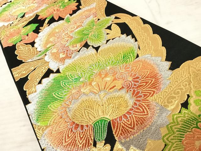 平和屋着物◎六通柄袋帯　更紗花文　黒地　金銀糸　正絹　逸品　AAAY2173yx