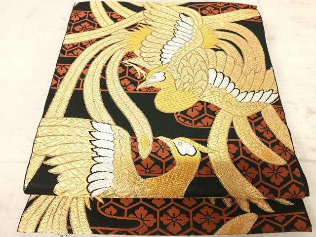 平和屋着物◎六通柄袋帯　唐織　鳳凰文　黒地　金糸　正絹　逸品　AAAY2181yx