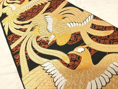 平和屋着物◎六通柄袋帯　唐織　鳳凰文　黒地　金糸　正絹　逸品　AAAY2181yx