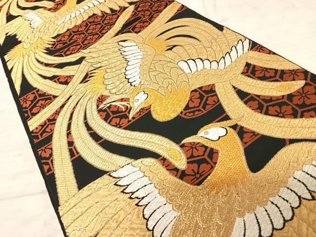平和屋着物◎六通柄袋帯　唐織　鳳凰文　黒地　金糸　正絹　逸品　AAAY2181yx