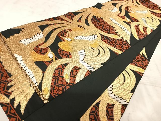 平和屋着物◎六通柄袋帯　唐織　鳳凰文　黒地　金糸　正絹　逸品　AAAY2181yx