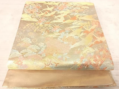 平和屋着物◎六通柄袋帯　万巻錦　飛鶴花文　金糸　正絹　逸品　AAAY2191yx