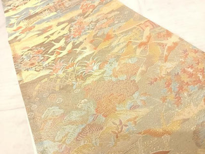 平和屋着物◎六通柄袋帯　万巻錦　飛鶴花文　金糸　正絹　逸品　AAAY2191yx