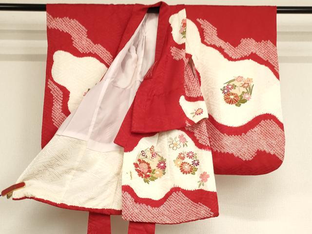 平和屋着物[]七五三　女の子　３歳　のしめ　祝着・被布セット　絞り　糸巻き花丸文　金彩　正絹　逸品　AAAY2448ja