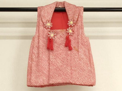 平和屋着物[]七五三　女の子　３歳　のしめ　祝着・被布セット　絞り　糸巻き花丸文　金彩　正絹　逸品　AAAY2448ja