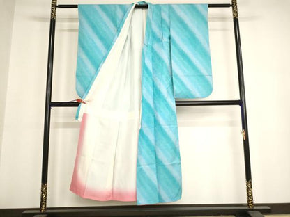 平和屋着物[]フランソワーズ・モレシャン　十三参り　祝着　斜縞　暈し染め　銀通し地　正絹　逸品　AAAY2474ja
