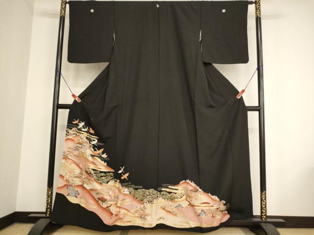 平和屋着物■豪華黒留袖 駒刺繍 飛鶴風景文 金彩 正絹 逸品 AAAY2500ja