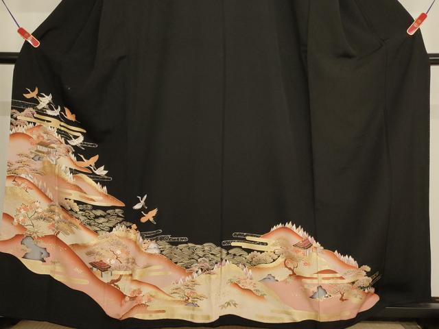 平和屋着物■豪華黒留袖 駒刺繍 飛鶴風景文 金彩 正絹 逸品 AAAY2500ja