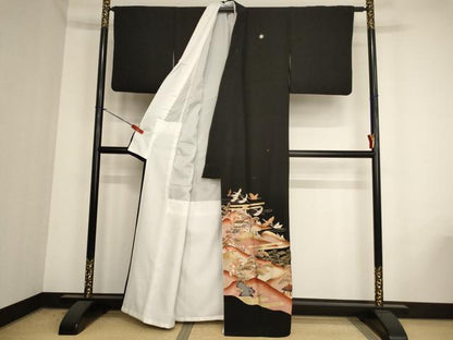 平和屋着物■豪華黒留袖 駒刺繍 飛鶴風景文 金彩 正絹 逸品 AAAY2500ja