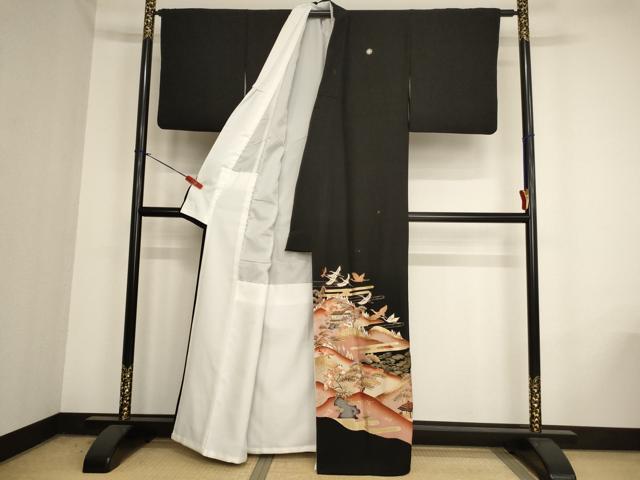 平和屋着物■豪華黒留袖 駒刺繍 飛鶴風景文 金彩 正絹 逸品 AAAY2500ja