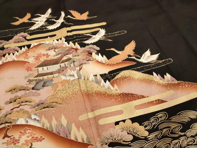 平和屋着物■豪華黒留袖 駒刺繍 飛鶴風景文 金彩 正絹 逸品 AAAY2500ja