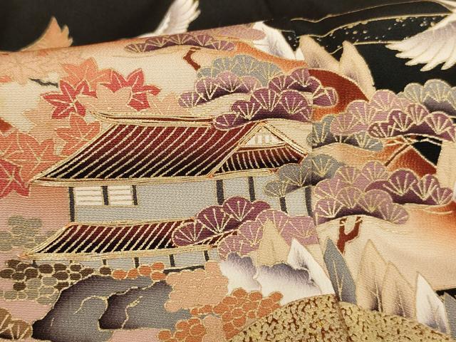 平和屋着物■豪華黒留袖 駒刺繍 飛鶴風景文 金彩 正絹 逸品 AAAY2500ja
