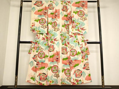平和屋着物∵セミアンティーク 女の子 十三参り 子供 祝着 花蝶丸文 金彩 逸品 AAAY2556ja