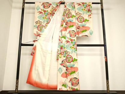 平和屋着物∵セミアンティーク 女の子 十三参り 子供 祝着 花蝶丸文 金彩 逸品 AAAY2556ja