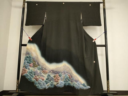 平和屋着物■豪華黒留袖　作家物　手描き　風景文　暈し染め　正絹　逸品　AAAY2824ja