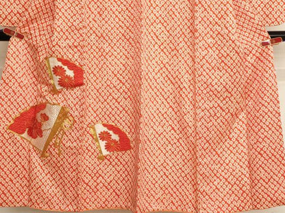 平和屋着物∵女の子 十三参り 子供 祝着 駒刺繍 扇面花文 正絹 逸品 AAAY2839ja