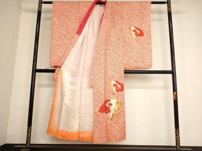 平和屋着物∵女の子 十三参り 子供 祝着 駒刺繍 扇面花文 正絹 逸品 AAAY2839ja