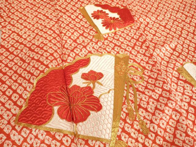 平和屋着物∵女の子 十三参り 子供 祝着 駒刺繍 扇面花文 正絹 逸品 AAAY2839ja