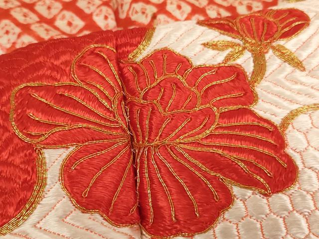 平和屋着物∵女の子 十三参り 子供 祝着 駒刺繍 扇面花文 正絹 逸品 AAAY2839ja