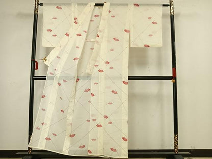 平和屋着物＊夏物 小紋 絽 扇面文 洗える着物 AAAY3002fy