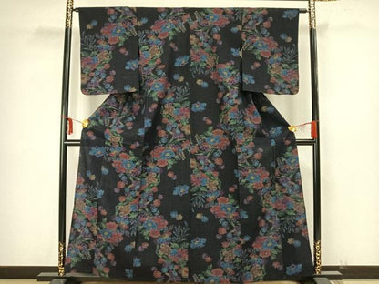 平和屋着物▽上質な紬 単衣 縮織 草花文 正絹 逸品 未使用 AAAY3206fy