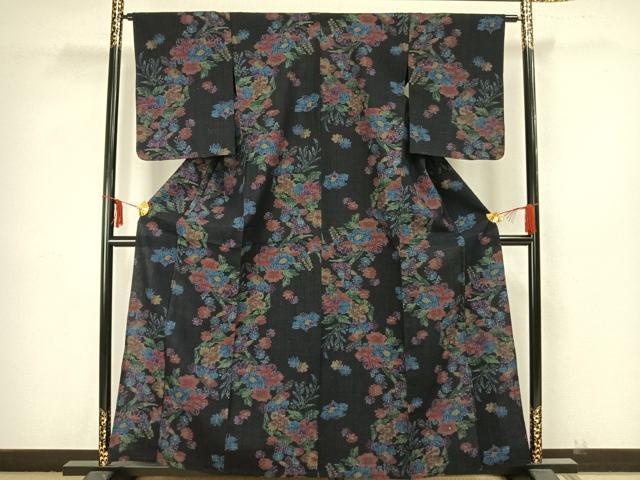 平和屋着物▽上質な紬 単衣 縮織 草花文 正絹 逸品 未使用 AAAY3206fy