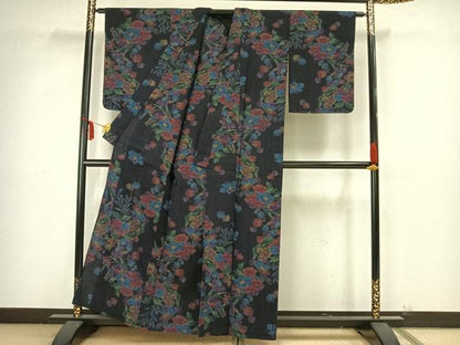 平和屋着物▽上質な紬 単衣 縮織 草花文 正絹 逸品 未使用 AAAY3206fy