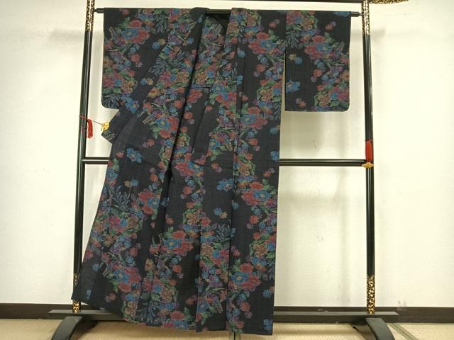 平和屋着物▽上質な紬 単衣 縮織 草花文 正絹 逸品 未使用 AAAY3206fy