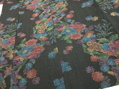 平和屋着物▽上質な紬 単衣 縮織 草花文 正絹 逸品 未使用 AAAY3206fy